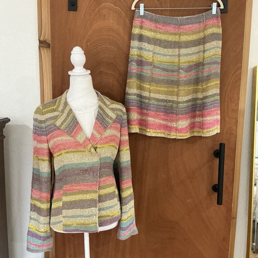 Akris Linen Blend Pastel Stripe 2 pc Suit Jacket Skirt Classic Chic Swiss Artsy - Picture 3 of 16